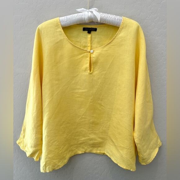FOR CYNTHIA | Yellow Lagenlook Linen Dolman 3/4 Sleeve Peasant Top | Medium - Picture 1 of 7